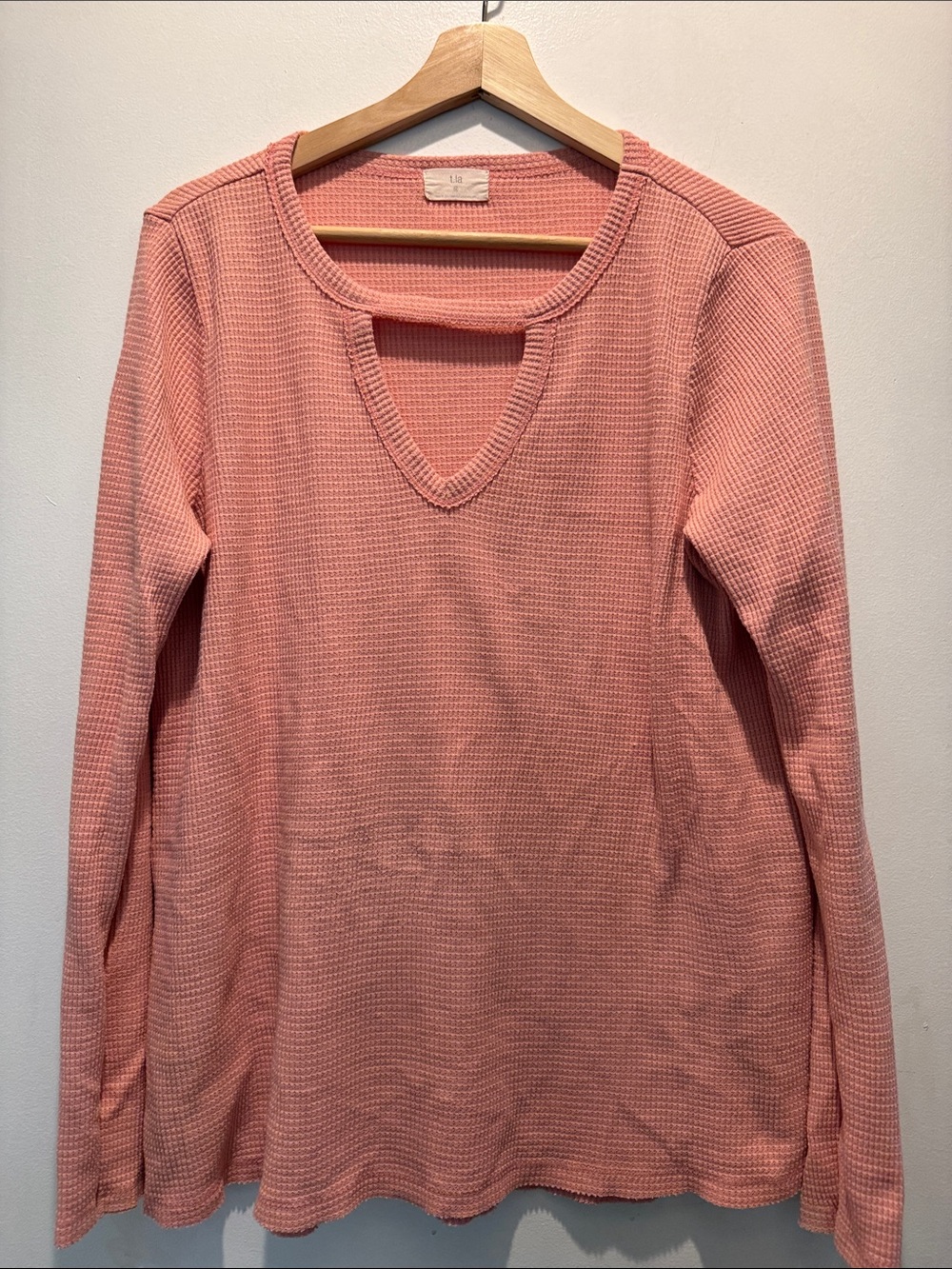 T.La Waffle-Knit Cutout Neck Long Sleeve Top - Peach